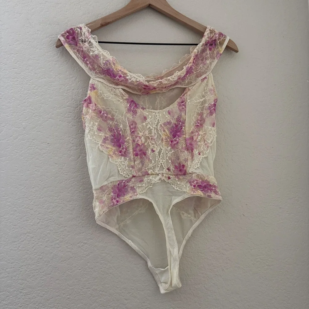 Free People Spring Soiree Printed Bodysuit Floral Lace Off the Shoulder Femme